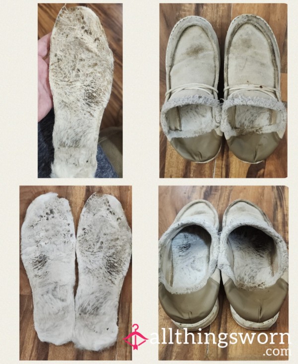 Ratty Well Worn Slippers With Dirty, Smelly White Fleece Insoles|Worn Daily And Still Wearing|Sweaty Formerly White Fleece Insoles|busted Down Backs|stained Uppers|Stinky