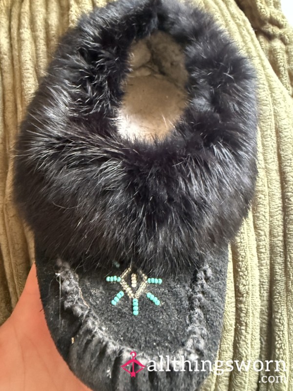 Real Leather And Real Fur Handmade Very Well Worn Moccasins