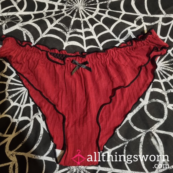 Red And Black Cute Ruffled Ribbed Bikini Brief Panties