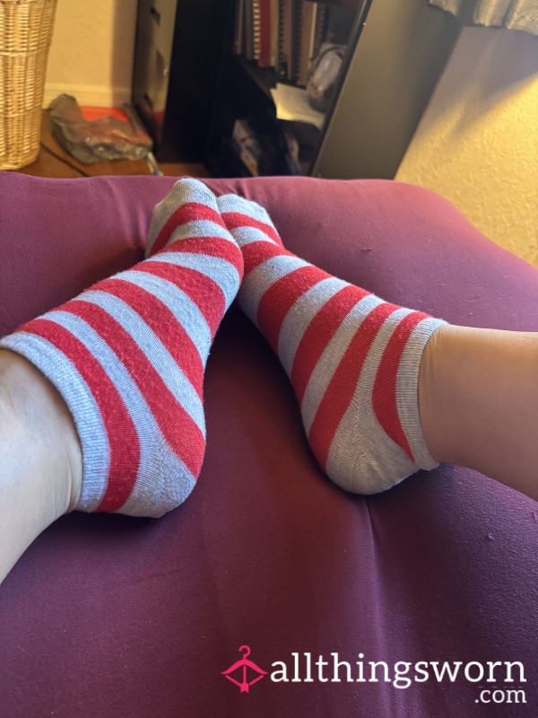 Red And Gray Striped Ankle Socks
