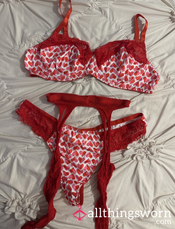 Red And Pink Heart Satin Bra & Panty Set