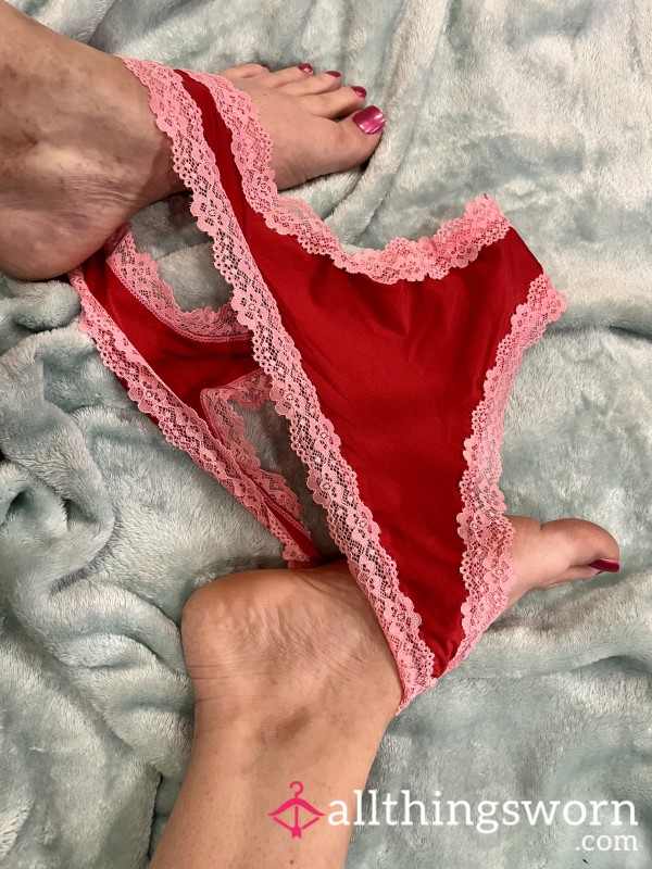 Red And Pink Satin Lace Trim Thong