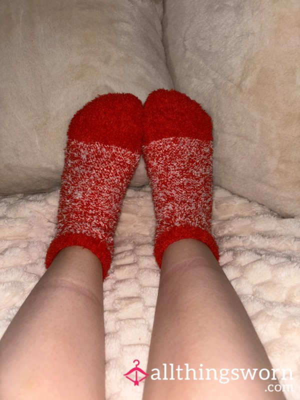 Red And White Fluffy Ankle Socks