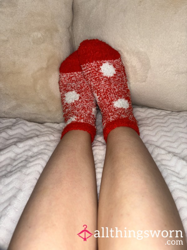 Red And White Fluffy Ankle Socks