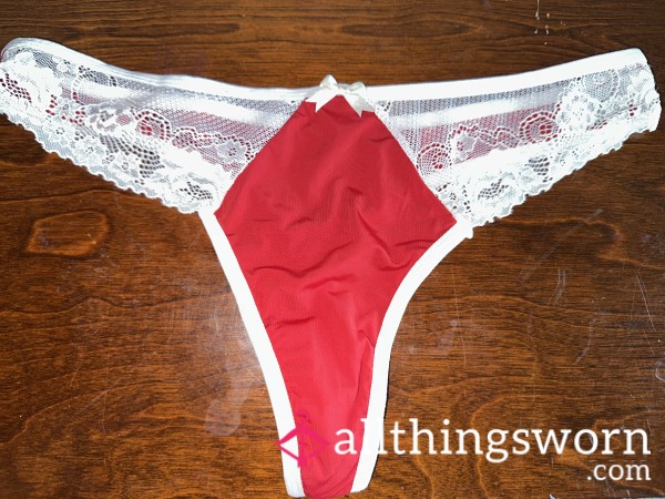 Red And White Lace Thong
