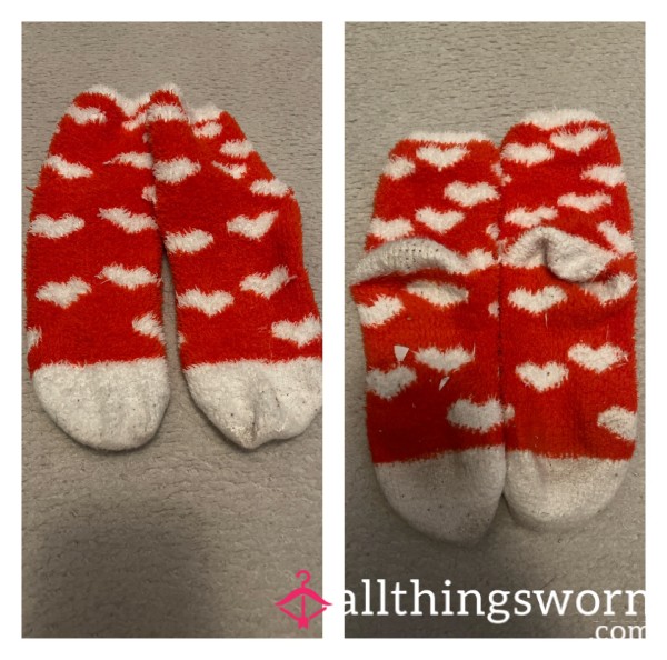 Red And White Love Heart Fluffy Socks