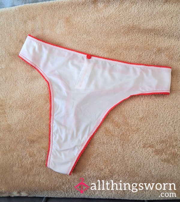 Red And White Nylon Thong With Rose Detail And Cotton Gusset 🌹
