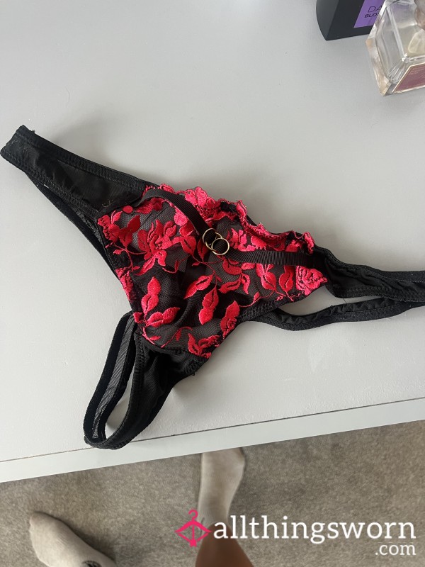 Red & Black Lace And Sheer Thong