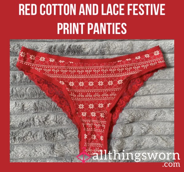 Red Cotton And Lace Festive Print Panties❣️