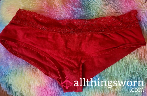 Red Cotton Panties With Lace Trim