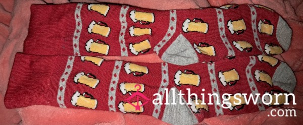 Red Crew Socks With Beer Steins!  $17 For 2 Days; $30 For A Week!  Can Also Be Worn By My Alpha.