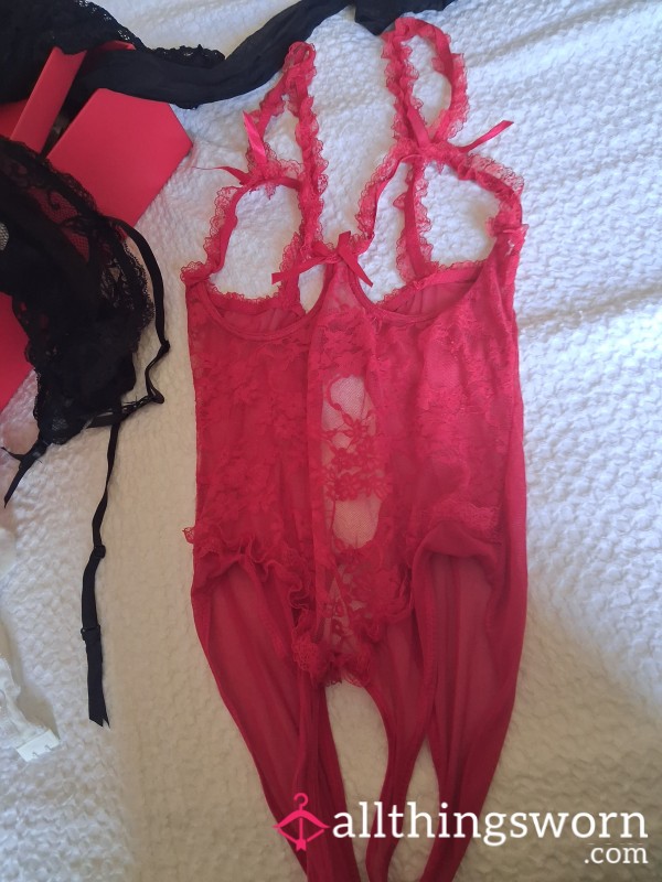 Red Crotchless Open Bra Bodysuit