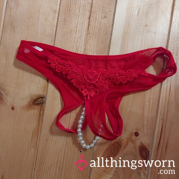 Red Crotchless Panties With Beads