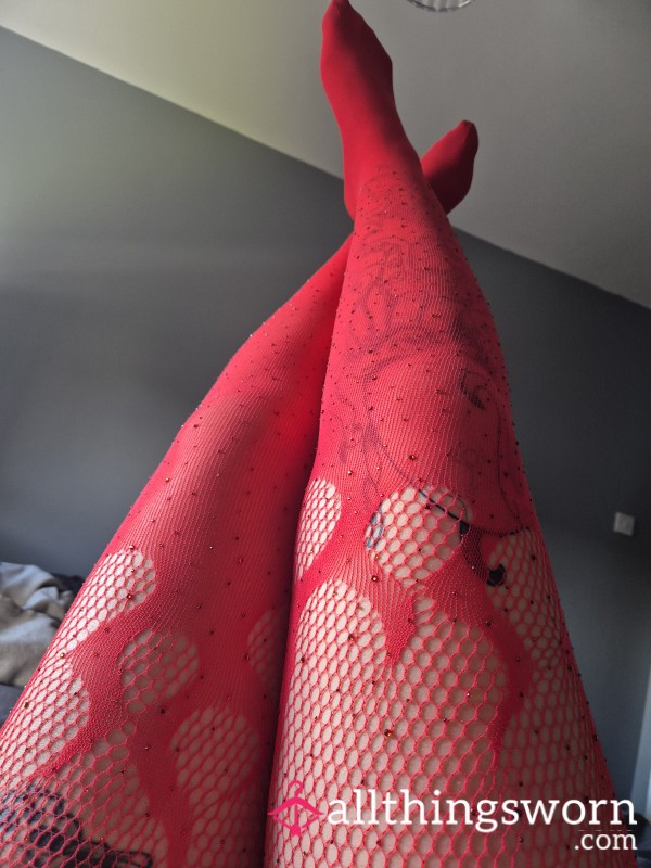 Red Diamanté And Flame Hold Up Stockings