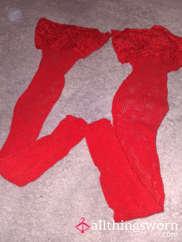 Well Worn Red Fishnet Hold-Ups – From My Swinging Days ❤️‍🔥