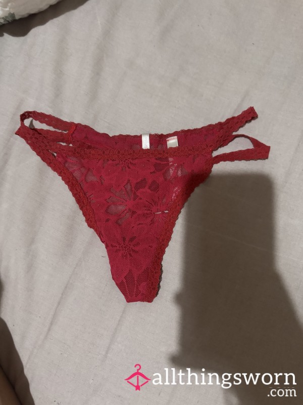 ❤️‍🔥 Red Flor*l Lace Worn Victoria Secret Pink Thong ❤️‍🔥