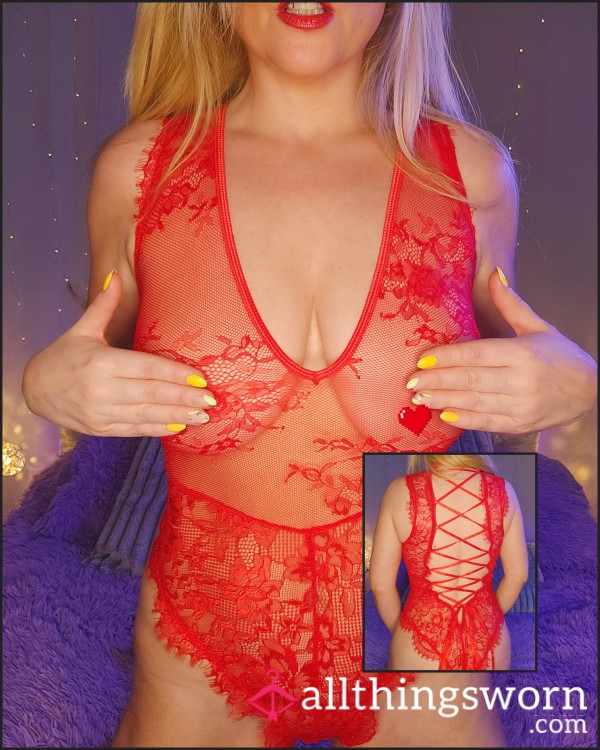 Red Hot, Sheer Lacy Body Suit With Beautiful Lace Up Back ❤️