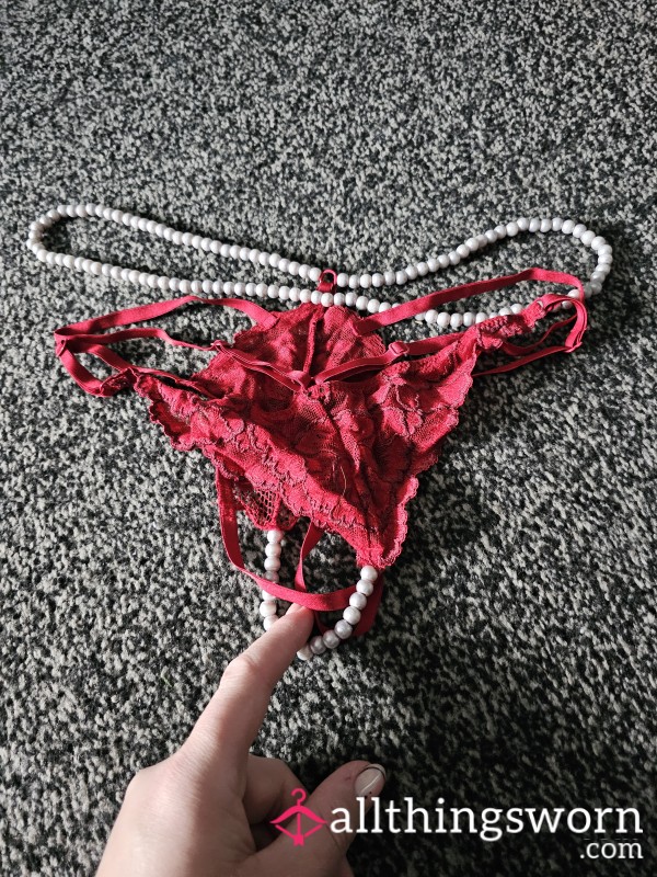 Red Lace And Beaded Crotchless Panties ❤️