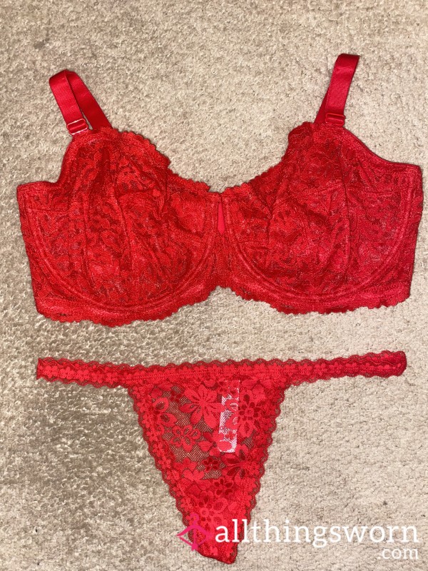 Red Lace Bra & G-String Set – Size 38E – Flirty Worn Matching Set ❤️