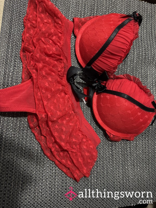 Red Lace Bra & Panty Set ❤️ Black Ribbon Details – Size S / 34B – Worn & Ready To Ship