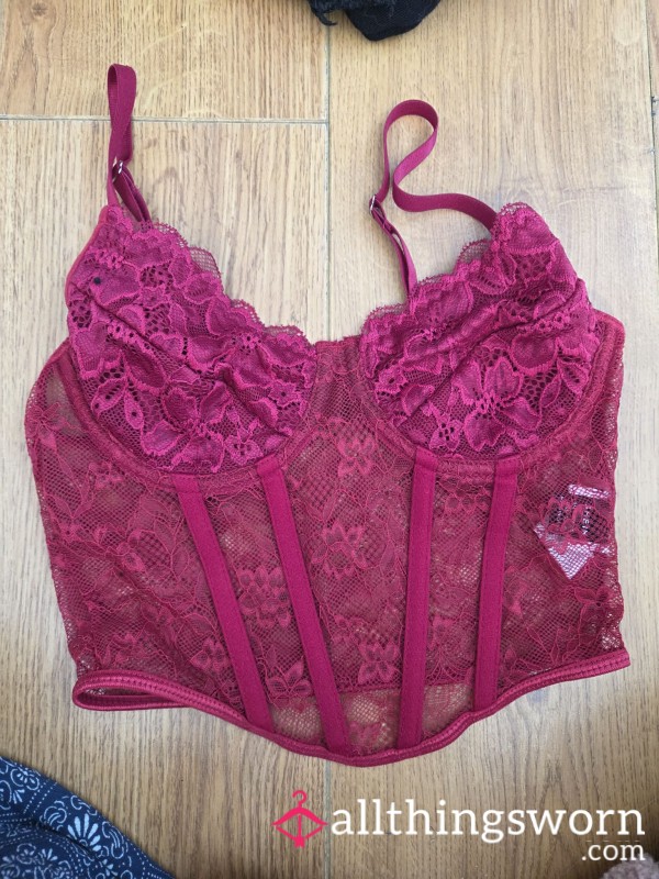 Red Lace Bralette Sheer Flor*l Corset Style Soft Feminine Top