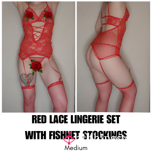 RED LACE LINGERIE SET WITH FISHNET STOCKINGS