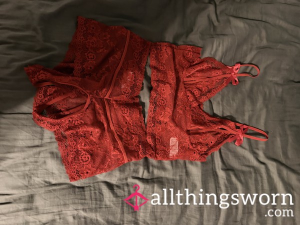 Red Lace Lingerie With Boob Slits And Pu**y Slit