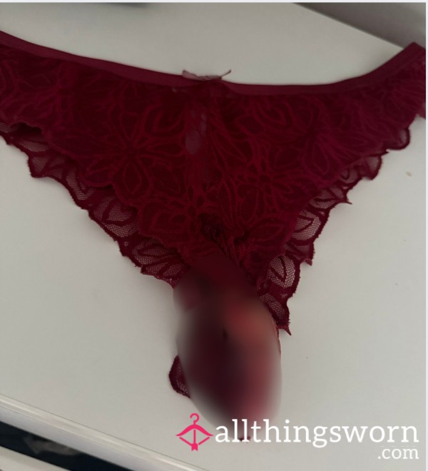 Red Lace Mischief — Worn, Stained, And Waiting For You
