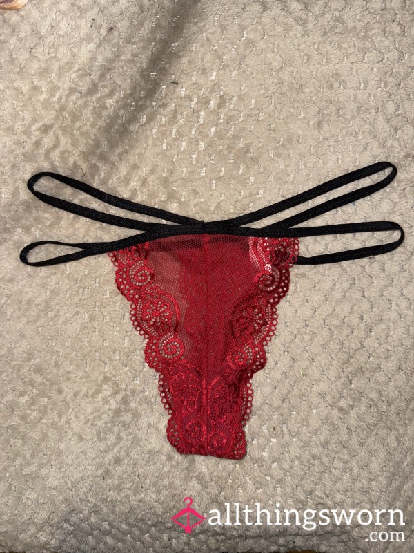 Red Lace Thong With Double Black Waist Band