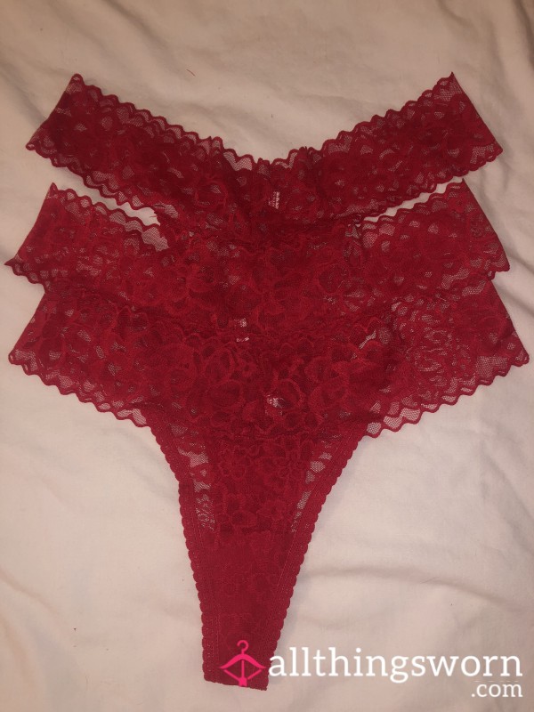Red Lace Thongs, Cotton Gusset To Catch All My Scents