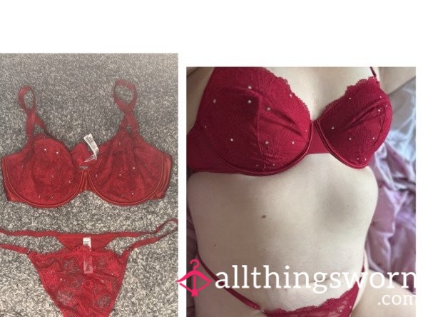 Red Lace With Diamontes Matching Thong And Bra Set ❤️  (postage Included)(customisable To Your Liking)