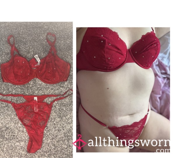 Red Lace With Diamontes Matching Thong And Bra Set ❤️  (postage Included)(customisable To Your Liking)