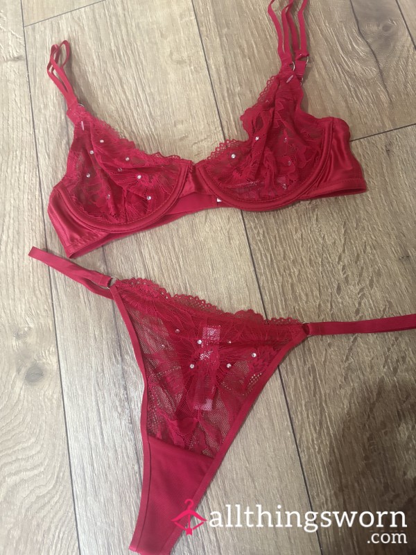 Red Lacey Diamond Thong And Bra Set