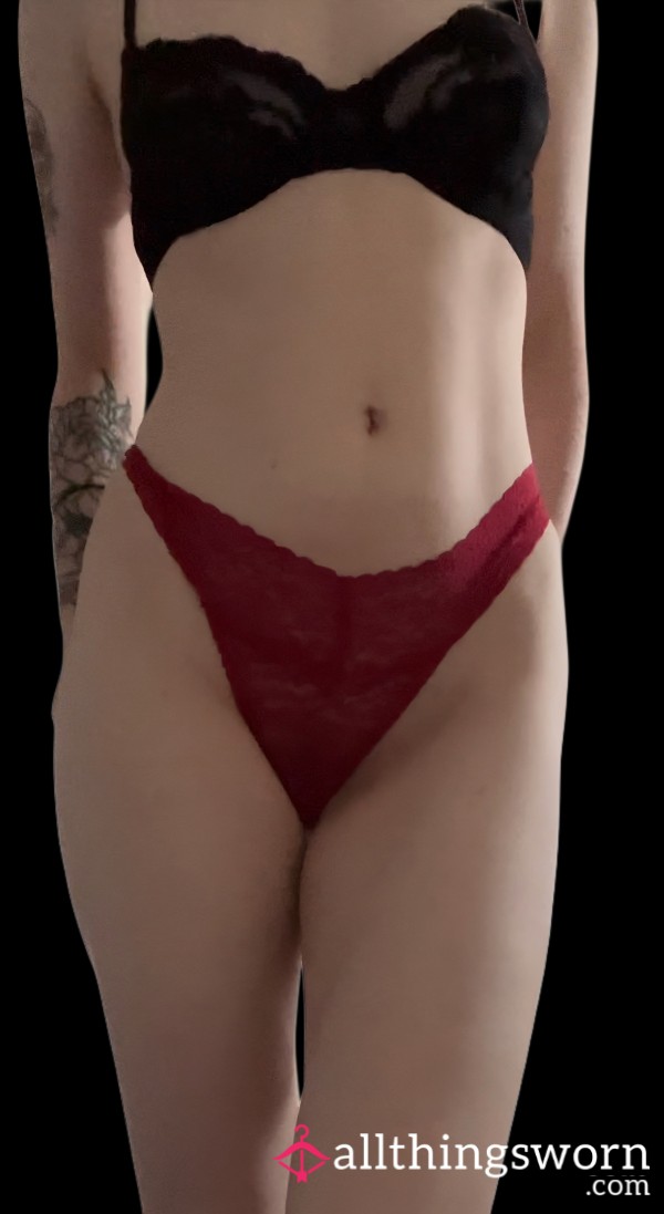 Red Lacey Thong / Black Balconette Bra