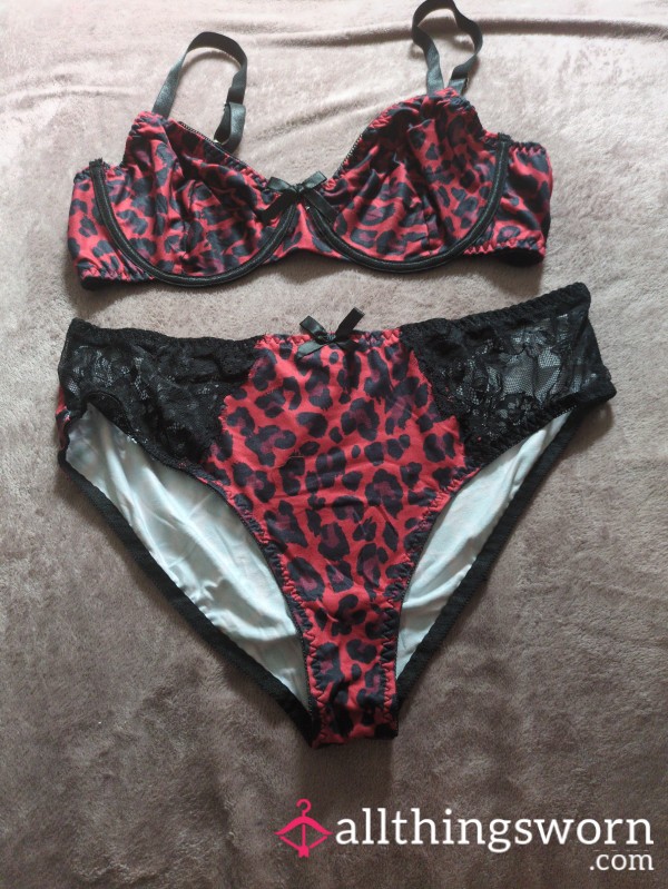 Red Leopard Print Bra And Pattern Set With Bows And Lace Detail - 24 Hours Wear Included In