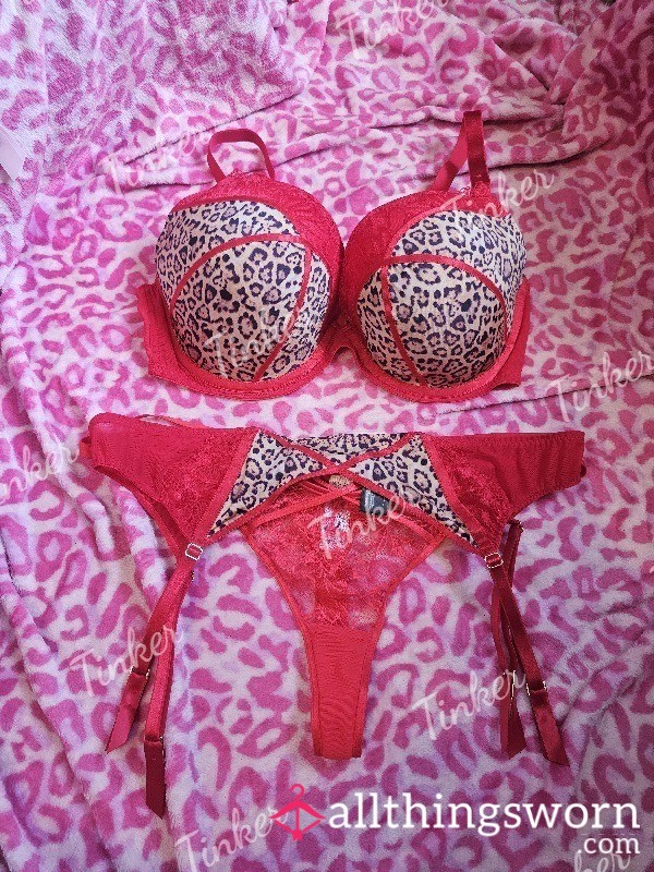 Red Leopard Print Padded Bra With Suspender Belt And Thong 🐆