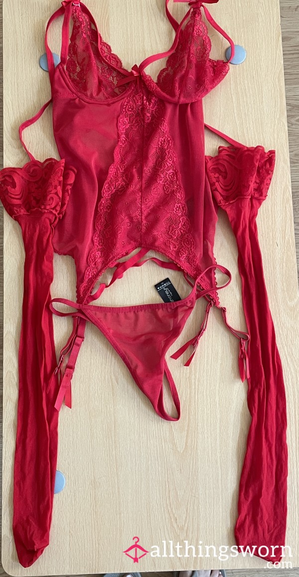 Red Lingerie Set – Bodysuit, Stockings & G-String (24hrs Wear)