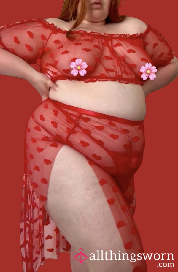 ❤️ Red Love Heart Mesh Top, Skirt And G String Thong Plus Size Lingerie Set ❤️