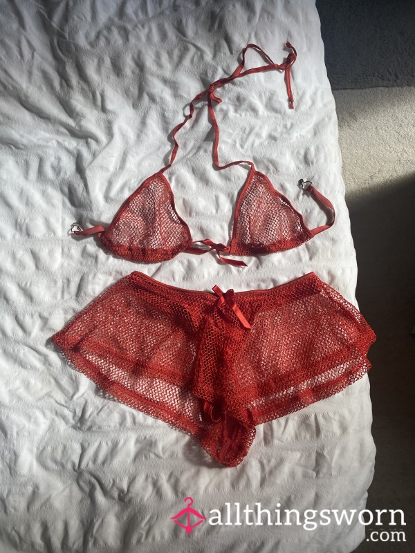 Red Mesh Lingerie Set – Sheer Bra & Matching Knickers ❤️