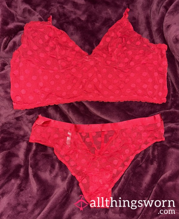 ~RED MESH POLKA DOT BRALETTE & STRAPPY PANTY MATCHING LINGERIE SET~