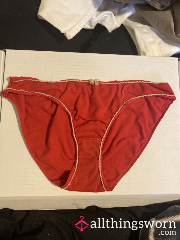 Red Panties With Beige Lace And Bow