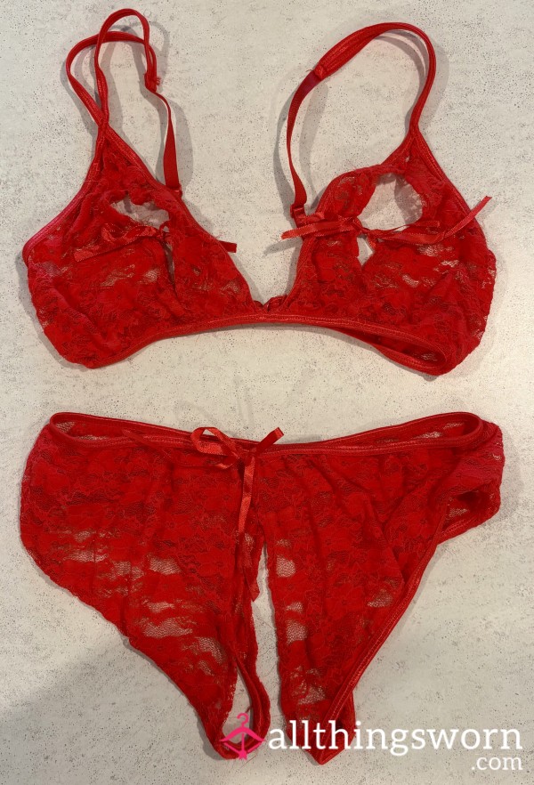 Red P**k-A-Boo Bra With Crotchless Panties
