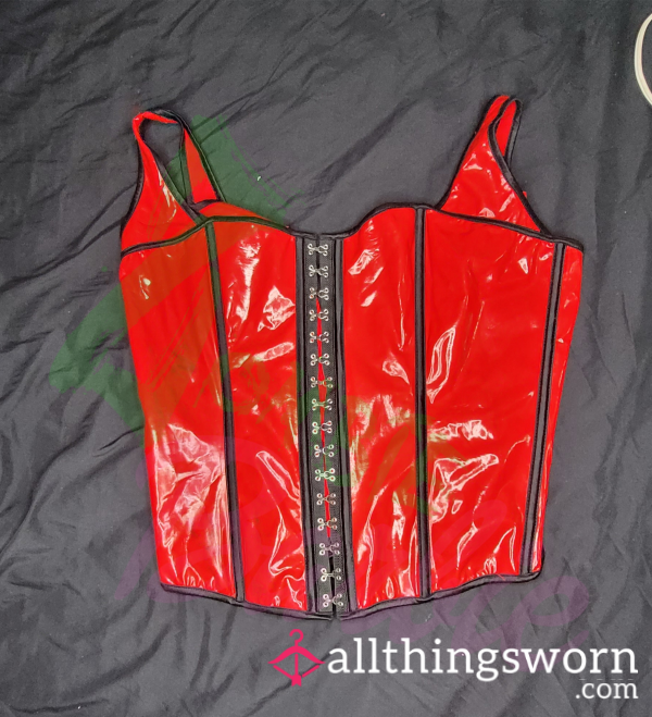 Red PVC Corset. Years Of Use. Well Loved. Wet Look!
