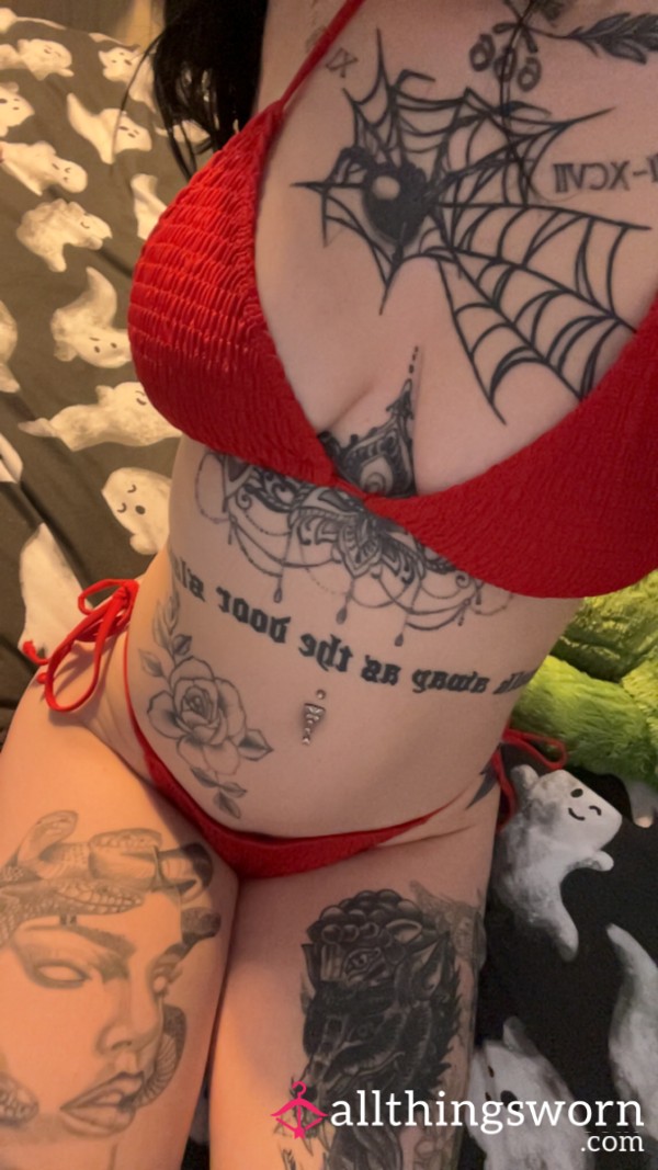 Red Ribbed Thong Drawstring Bikini❤️