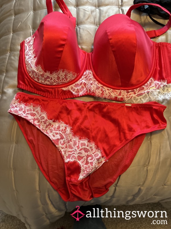Red Satin And White Lace Bra And Knickers