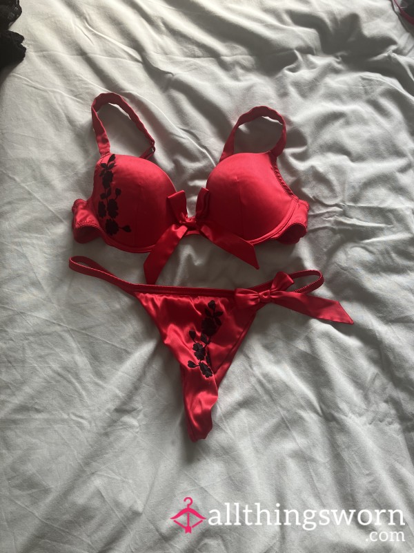 Red Satin Bra & Thong Set