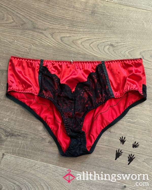 Red Satin Full Back Panties With Black Lace Detailing For Custom Wear
