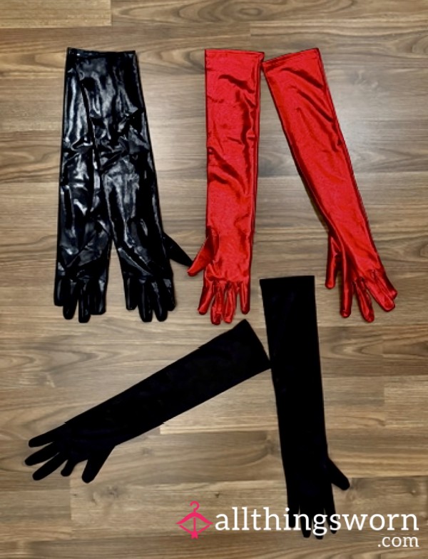 Red Satin Gloves - Black Satin Gloves - Black PVC-like Gloves