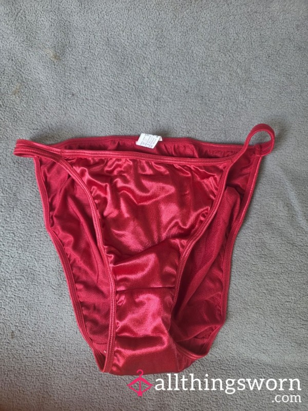 Red Satin String Bikini Briefs, Worn