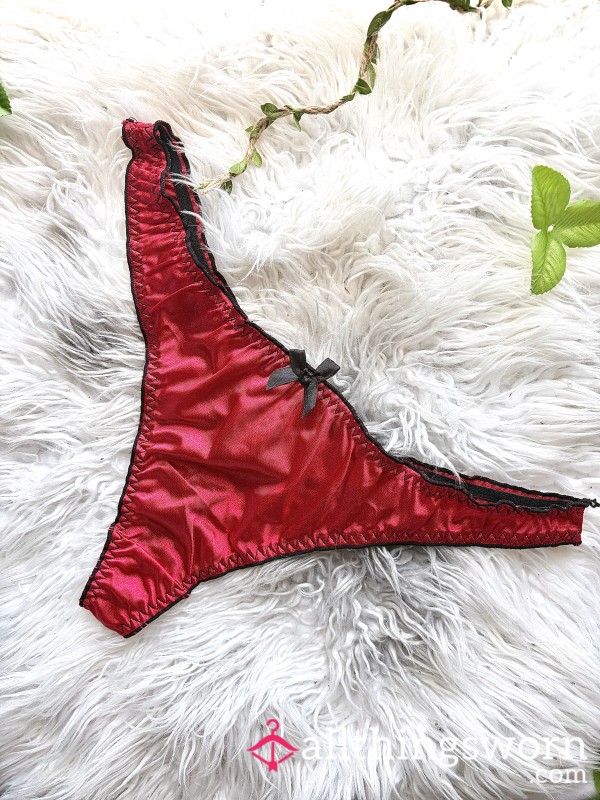 Red Satin Thong Featuring Contrasting Black Trim And A Small Black Bow At The Center (xl)